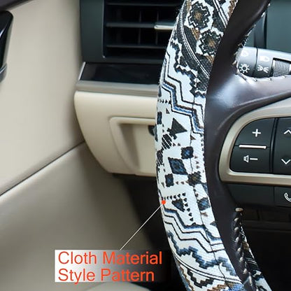 Boho Steering Wheel Cover, Bohemian Cloth Car Steering Wheel for Women Breathable Flax Ethnic Style Steering Wheel Accessories Cover Sweat-Absorbing Anti-Slip Fits 14 1/2-15 Inch - Black - color: Black