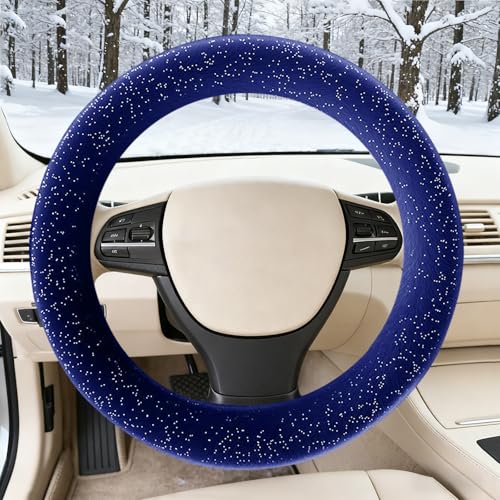 Blue Bling Starry Sky Furry Steering Wheel Cover, Universal 14.5-15 Inch Winter Plush Warm Steering Wheel Cover, Soft Fluffy, Anti-Slip Design, Soft Texture - color: Blue Starry Sky Plush