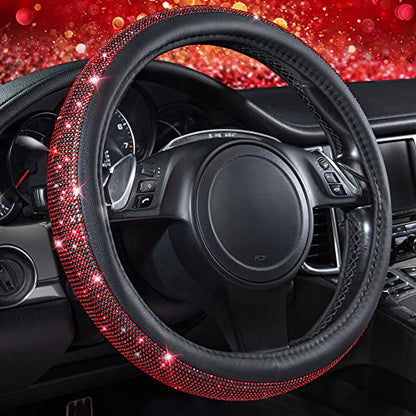 CAR PASS Red Diamond Black Leather Steering Wheel Cover, with Bling Crystal Rhinestones Universal Fit 14" 1/2-15" Crystal Glitter for Women Sparkle Girl Fit Suvs,Vans,Sedans,Cars,Trucks, Red Diamond - color: Red Diamond
