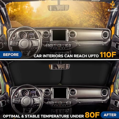 EcoNour 2-Piece Jeep Sunshade for Windshield Compatible with Wrangler JL JLU 2018–2025 & Gladiator 2020–2026, Foldable Sun Shade UV Block Heat Shield, Keeps Interior Cool, Upgraded Fit – (26"L x 18"W) - size: X-Small