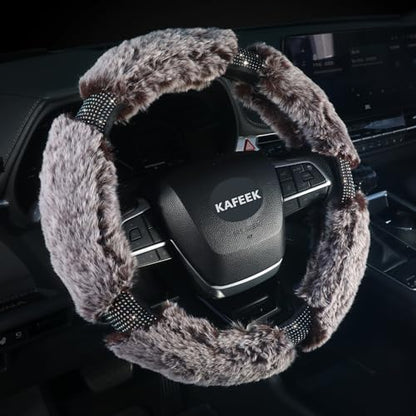 Winter Fluffy Steering Wheel Cover 15 inch, Soft Plush Steering Wheel Protector with Bling Rhinestones, Comforting and Luxurious, Brown - color: brown