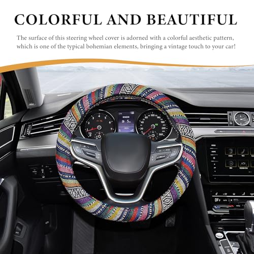 Boho Steering Wheel Cover, 15 Inch Coarse Flax Cloth Ethnic Style Anti-Slip Car Wheel Wrap, Universal Breathable Bohemian Steering Wheel Protector for Cars Vans Trucks (B) - color: B
