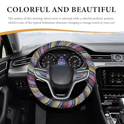 Boho Steering Wheel Cover, 15 Inch Coarse Flax Cloth Ethnic Style Anti-Slip Car Wheel Wrap, Universal Breathable Bohemian Steering Wheel Protector for Cars Vans Trucks (B) - color: B