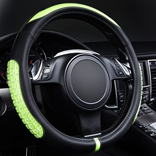 Flying Banner car Steering Wheel Cover Gel Massage Velvet Cool Warm Universal Size 15 inches SUV Truck Anti Slip Odorless Summer Winter (Black Mint Green, Gel Massage) - color: Black Mint Green