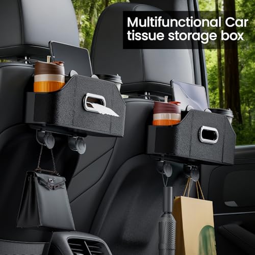 7-in-1 Car Seat Organizer with Cup Holders, Trash Can, Tissue Dispenser & Hooks, Multifunctional Headrest Storage for Backseat, Travel Essentials for Family Car Trips (Black)