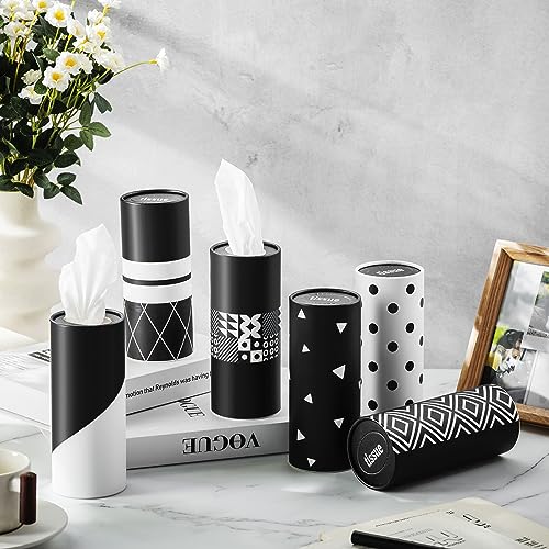 Outus 12 Pcs Geometric Car Tissues Cylinder Holder with 3 Ply Facial Tissue Bulk Black White Round Tissue Holder Travel Tissues Boxes Container for Car Cup Wedding Birthday Party - style: Geometric