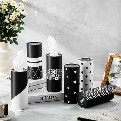Outus 12 Pcs Geometric Car Tissues Cylinder Holder with 3 Ply Facial Tissue Bulk Black White Round Tissue Holder Travel Tissues Boxes Container for Car Cup Wedding Birthday Party - style: Geometric