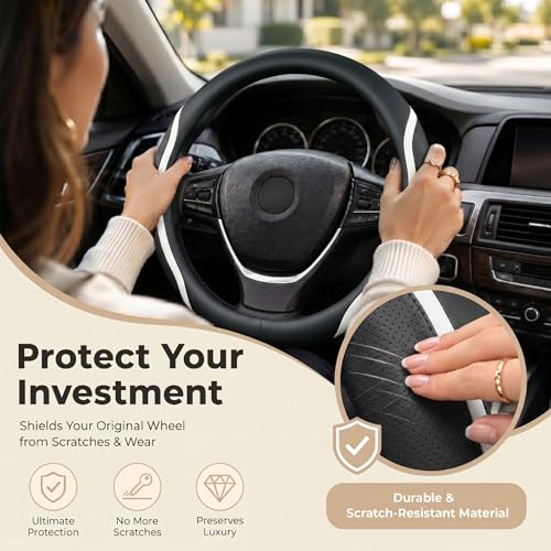 Steering Wheel Cover Black White, Carbon Fiber Car Steering Wheel Covers with Coasters Universal 14.5-15 inch Leather Microfiber Breathable Anti-Slip Steering Wheel Accessories Set - color: White, size: Medium