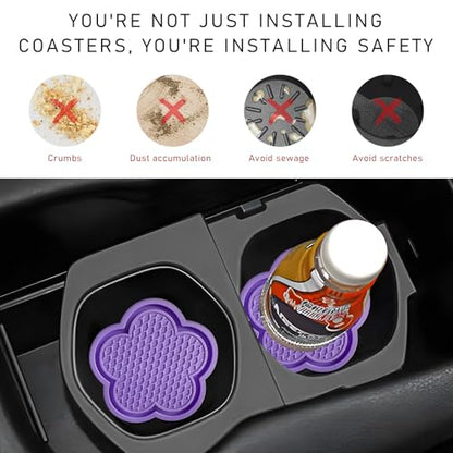 4 PCS Car Cup Coasters, Cute Flower Shaped Car Cup Holder Mat, PVC Waterproof Anti Slip Vehicle Cup Holder Insert Coaster, Universal Car Interior Decor Accessories (Purple)