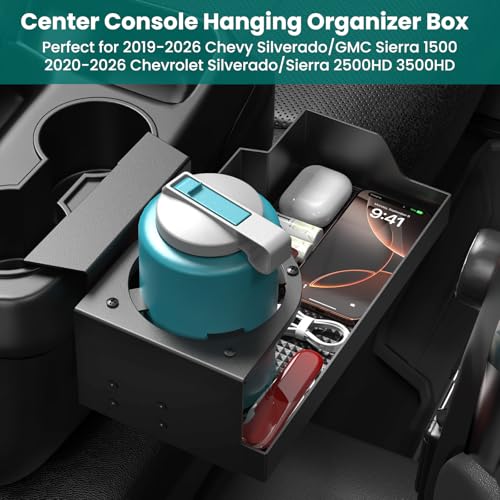 Metal Jump Seat Front Hanging Organizer Box with Cup Holder Compatible with 2019-2026 Chevy Silverado/GMC Sierra 1500 and 2020-2026 Chevrolet Silverado/Sierra 2500HD 3500HD Center Console