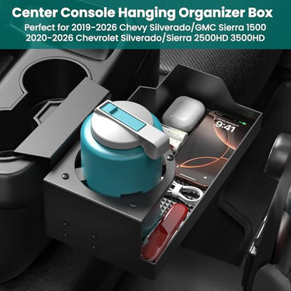Metal Jump Seat Front Hanging Organizer Box with Cup Holder Compatible with 2019-2026 Chevy Silverado/GMC Sierra 1500 and 2020-2026 Chevrolet Silverado/Sierra 2500HD 3500HD Center Console