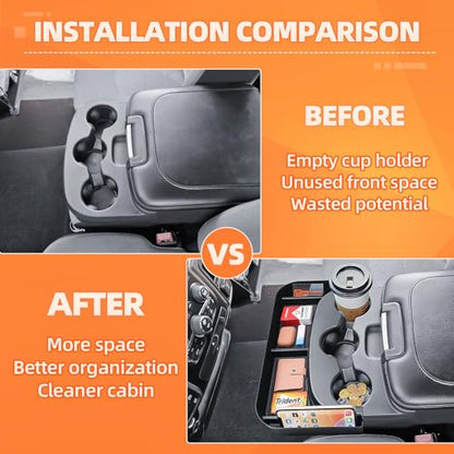 Cup Holder Center Console Organizer Compatible with 2013-2024 Dodge RAM(1500/1500 Classic/2500/3500) Accessories, Front Console Storage Box Tray [Only fit Jump Seat with 3 Cup Holders]