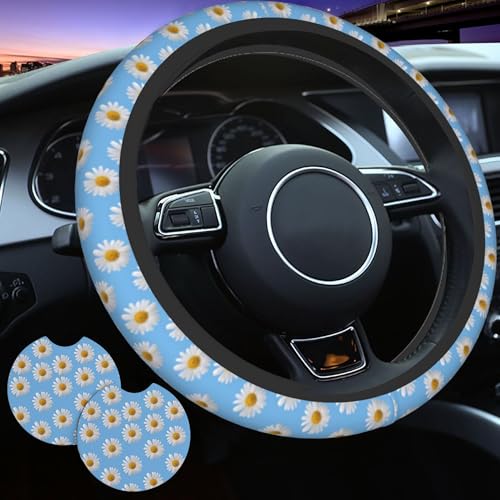 White Daisy Steering Wheel Sleeve - Blue Daisy Steering Wheel Sleeve Quality Friendly Neoprene Slip-Resistant Includes 2 Car Cup Coasters Decor for 15-Inch Men Women Universal Car Wheel Protector - color: White Daisy