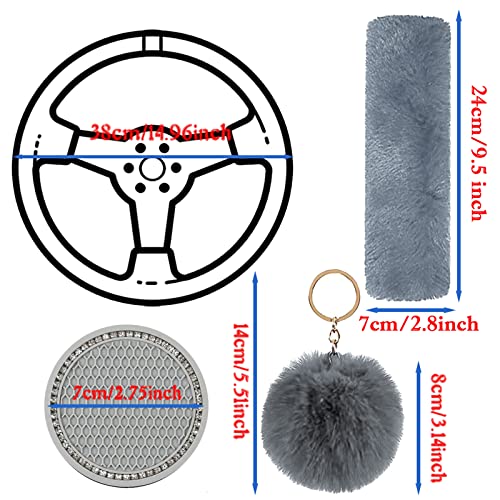 Cute Fluffy Steering Wheel Cover Set for Women, YUNXNYC 1 Set 8 Pieces Fluffy Car Accessories Set Soft Fuzz Handbrake Cover Gear Shift Cover Fur Seat Belt Shoulder Pads Furry Ball Key Chain (Gray) - color: Gray