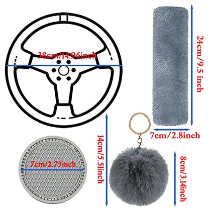 Cute Fluffy Steering Wheel Cover Set for Women, YUNXNYC 1 Set 8 Pieces Fluffy Car Accessories Set Soft Fuzz Handbrake Cover Gear Shift Cover Fur Seat Belt Shoulder Pads Furry Ball Key Chain (Gray) - color: Gray