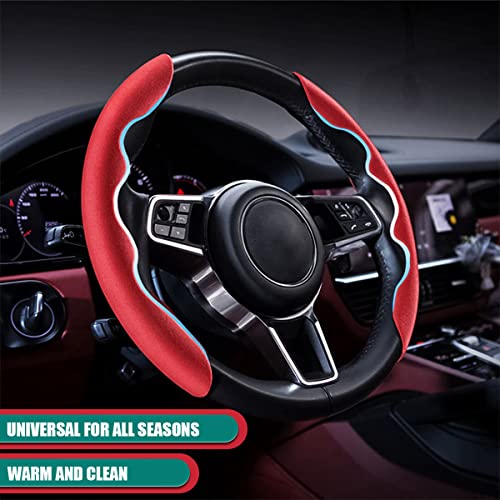 Car Steering Wheel Cover, Microfiber Suede Leather and Carbon Fiber Double Sided Design, Warm in Winter and Cool in Summer, Breathable Non Slip Segmented Protector for Most Cars (Turn Fur/Red) - color: Turn Fur/Red