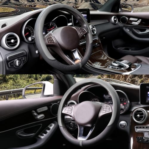 Breathable Steering Wheel Cover Microfiber Leather with Center Mark Design Universal Medium Size 14 1/2-15 Inch Gray and Black - color: Black and Gray Up, size: M (14.5"-15")