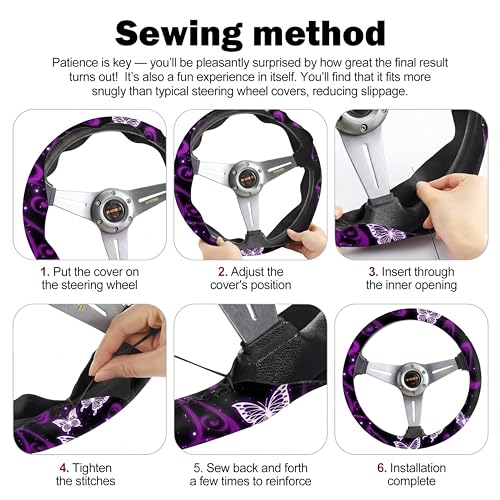 Butterfly Seat Full Set for Women Butterfly Universal Car Accessories Rubber Steering Wheel Cover License Plate Frame Mirror Covers 26 Pcs Fit Car SUV Auto(Purple Style)