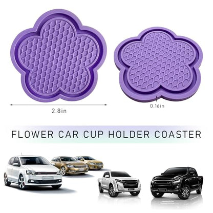 4 PCS Car Cup Coasters, Cute Flower Shaped Car Cup Holder Mat, PVC Waterproof Anti Slip Vehicle Cup Holder Insert Coaster, Universal Car Interior Decor Accessories (Purple)