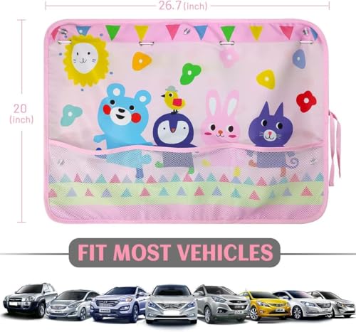 Car Sun Shade for Window Baby (2 Pack), Blackout Window Shades with Storage Net Pocket, 7 Suction Cups, Cute Patterns for Sun/Heat/UV Rays Block - color: Pink-Animals 2PC