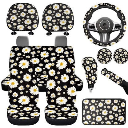 Daisy Flower Print Car Seat Covers Full Set 12 Pcs Car Accessories Set for Cars Seat Covers Armrest Cushion Cup Holders Headrest Cover Steering Wheel Cover for Women - color: Black Daisy