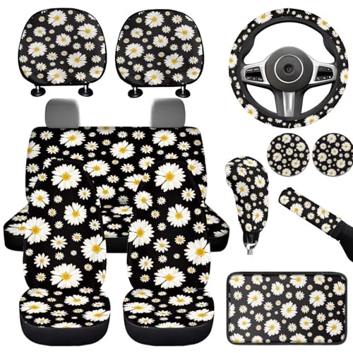 Daisy Flower Print Car Seat Covers Full Set 12 Pcs Car Accessories Set for Cars Seat Covers Armrest Cushion Cup Holders Headrest Cover Steering Wheel Cover for Women - color: Black Daisy