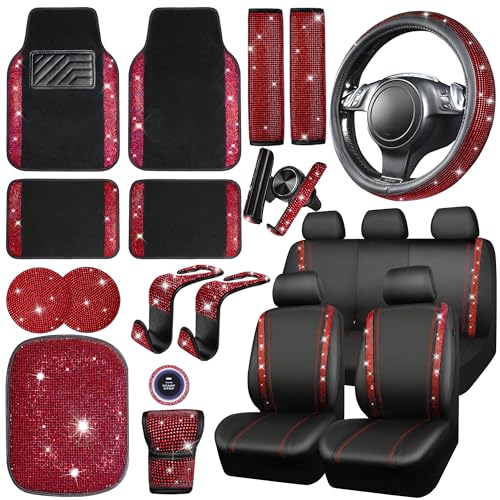 CAR PASS 23 PCS Bling Diamond Car Accessories Set for Women, Leather Car Seat Covers Full Set Sparkly Rhinestone15'' Steering Wheel Covers Shining Diamond Car Floor Mats Cute Car Interior Sets, Red - color: Red Diamond