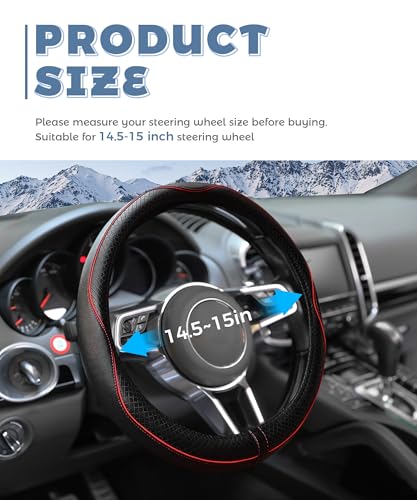 Steering Wheel Cover,Car Accessories 14.5-15 Inch Leather Steering Wheel Cover,Anti-Slip Breathable Microfiber Leather Covers,Warm in Winter and Cool in Summer,Fit for Suvs (Black-Red) - color: Black&Red