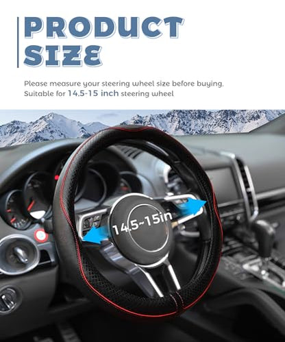 Steering Wheel Cover,Car Accessories 14.5-15 Inch Leather Steering Wheel Cover,Anti-Slip Breathable Microfiber Leather Covers,Warm in Winter and Cool in Summer,Fit for Suvs (Black-Red) - color: Black&Red