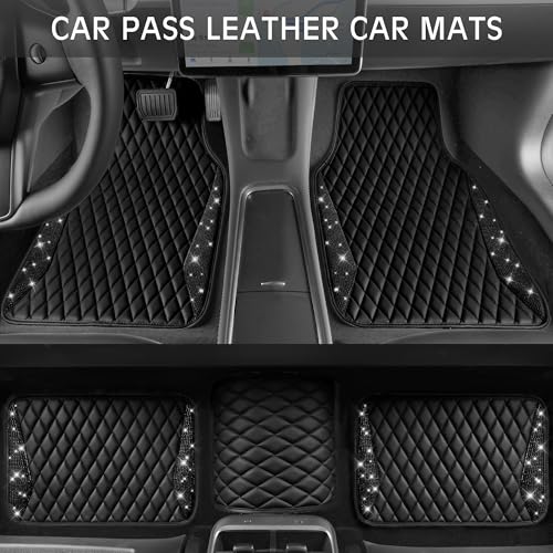 CAR PASS Bling Leather Car Mats Shining Diamond Floor Mats Sparkly Glitter Crystal Rhinestones Carpet Anti-Slip Waterproof Pad Universal Fit for Automotive SUV, Sedan, Van, 5pcs for Girl Women Black - color: Black Leather Diamond