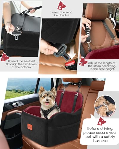 Lealchum Dog Booster Car Seat for Small/Medium Dogs,Puppy Portable Car Bed with Elevated Cushion,Fully Detachable and Washable,2 Storage Pockets,Easy to Install (Blakc/Red, Medium) - color: Blakc/Red