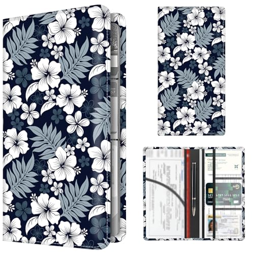 Premium Car Registration and Insurance Card Holder, Cute PU Leather Car Document Holder, Vehicle Glove Box Car Organizer with Magnetic Closure for Driver License, Cards Navy Tropical Hibiscus - color: Navy Tropical Hibiscus