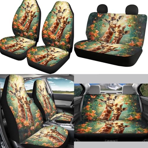 Animal Giraffe Car Rear Bench Protective Front Seat Car Accessories Full Set with Steering Wheel Cover Armrest Pad Headrest Covers Universal Fits for Cars SUV Truck - color: Animal Giraffe