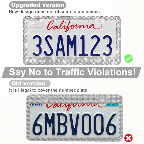 QUANQIUFEI 2 Pack Bling License Plate Frames for Women, Sparkly Rhinestone Diamond Car Accessories with Glitter Crystal Caps (Silver) - color: Silver
