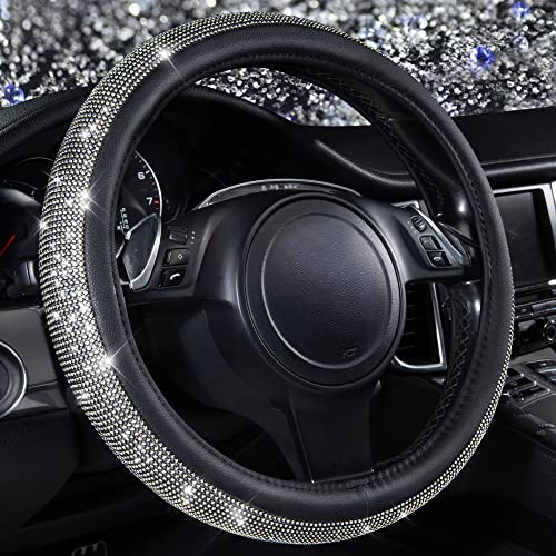 CAR PASS Diamond Black Leather Steering Wheel Cover, with Bling Crystal Rhinestones Universal Fit 14" 1/2-15" Crystal Glitter for Women Sparkle Girl Fit Suvs,Vans,Sedans,Cars,Trucks, White Diamond - color: Black Crystal Holder Silver Diamond