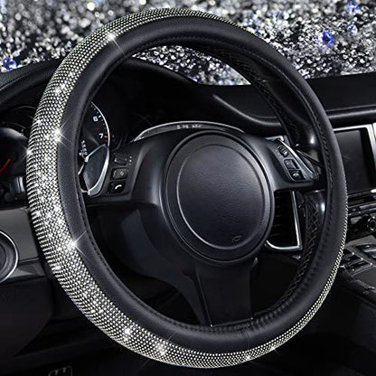 CAR PASS Diamond Black Leather Steering Wheel Cover, with Bling Crystal Rhinestones Universal Fit 14" 1/2-15" Crystal Glitter for Women Sparkle Girl Fit Suvs,Vans,Sedans,Cars,Trucks, White Diamond - color: Black Crystal Holder Silver Diamond