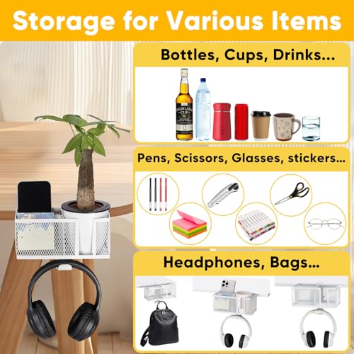 4 in 1 Metal Clip On Cup Holder Attachment for Gaming Desk or Table, Fits up to 40oz Cups, Sturdy and Easy to Clamp, Attachable Anti-Spill Cup Holder for Chair, Bedside, Bottles, Drinks - White - color: Milky White