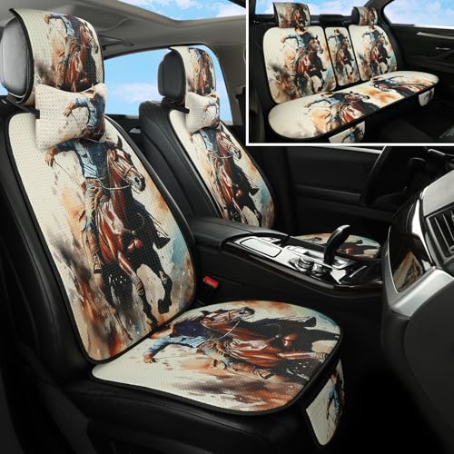 Luxury Boho Car Seat Covers Set,5-Seat Full Set with Headrest,Cowhide cowboy Ranch Western Vintage Bohemian Pattern Honeycomb Knit Fabric,Breathable&All-Season Universal Automotive Seat Protectors - color: Western Cowboy Design, size: 5-Seat