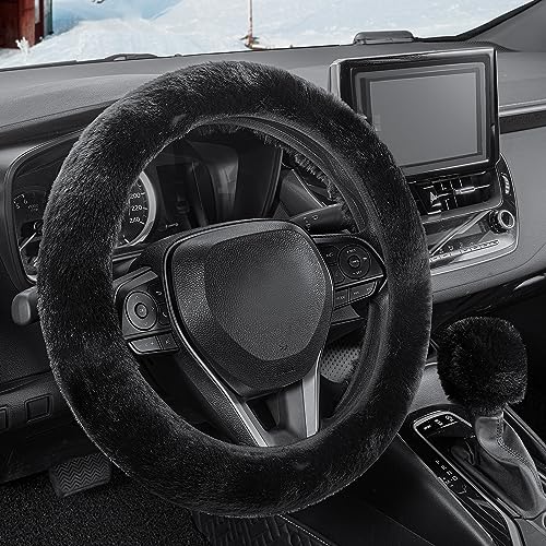 SEG Direct Furry Car Steering Wheel Cover with Fluffy Gear Shift Cover Soft Warm Non-Slip Car Decoration for Men Women Girls 2 PCS Set, Black - color: Black