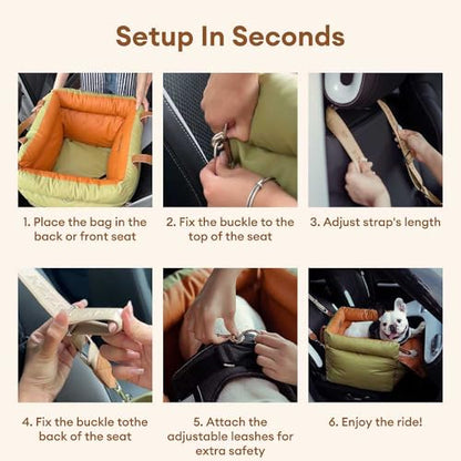 FUNNYFUZZY Luxury Dog Car Seat for Small Medium Dogs Under 35 lbs, Waterproof Leather Pet Booster Seat with Safety Leash & Anti-Slip Base, Fully Padded Dog Car Bed, Portable Puppy Carrier(Green)