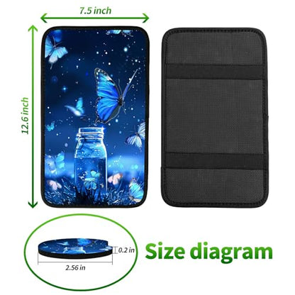 Universal Auto Center Console Pad and 2Pcs Car Coasters Set, Anti Slip Soft Neoprene Car Armrest Seat Box Cover Protector Universal Fit - Car Interior Accessories, Blue Butterfly - color: 511