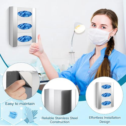 Blulu 1 Pack Glove Box Holder/Dispenser Stainless Steel Triple Wall Mounted Glove Box Organizer, 9.84" H x 14.96" W x 3.74" D