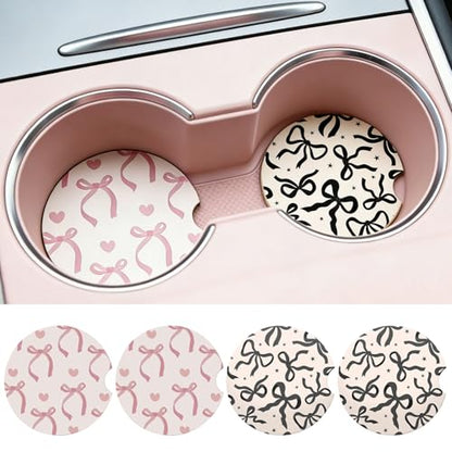 4Packs Car Coasters for Cup Holders，2.6 Inch Absorbent Ceramic Coasters with A Finger Notch Universal Anti Slip Auto Cup Holder Coasters Cute Car Accessories for Women Girls (Bow, Pink and Black)