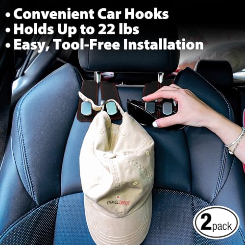 Headrest Hooks for Car, Purse Hook for Car, Premium Leather Twin Hook Car Seat Hooks, Double Hook Seat Back Storage Organizer for Purses, Bags, SUV, Truck, Vehicle, 2 Pack, Black - color: Black