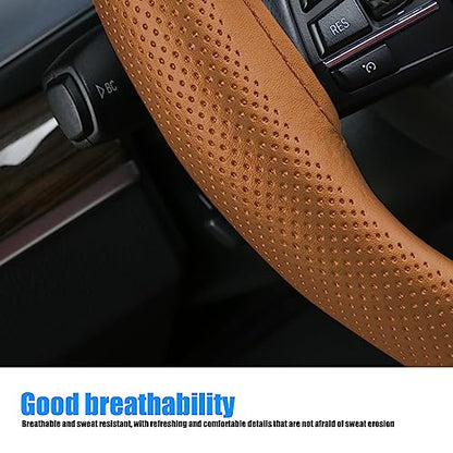 Pack-1 Leather Steering Wheel Cover, Universal Non-Slip Stitch On Wrap, DIY Car Wheel Cover Protector with Needle and Thread for Most Cars SUVs and Trucks (Brown) - color: Brown