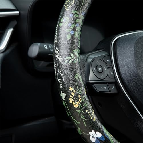 Boho Floral Steering Wheel Cover Auto Leather Steering Wheel Protector, Anti-Slip, Breathable, Absorbing Sweat, Universal Floral Car Accessories 14.5–15 inch,Fit for Most Car, Trucks, SUV - style: Boho Floral