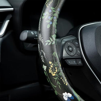 Boho Floral Steering Wheel Cover Auto Leather Steering Wheel Protector, Anti-Slip, Breathable, Absorbing Sweat, Universal Floral Car Accessories 14.5–15 inch,Fit for Most Car, Trucks, SUV - style: Boho Floral