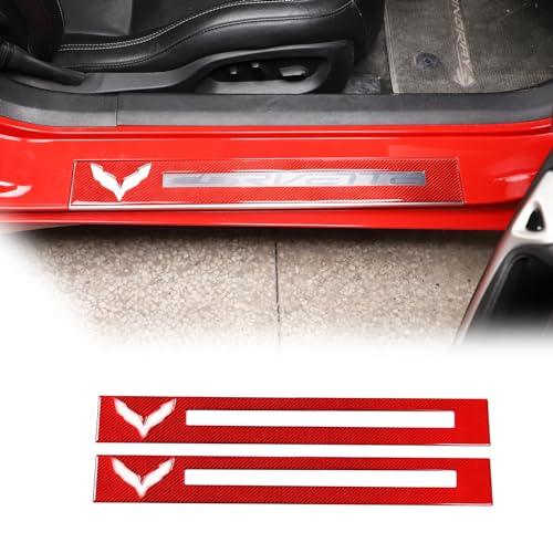 Car Door Sill Protector Cover,Carbon Fiber Inner Door Sill Anti-Slip Guard Trim 2PCS, Interior Door Sill Cover Scuff Plate Trim Sticker Compatible with Chevrolet Corvette C7 2014-2019 (Red Carbon) - color: Red Carbon