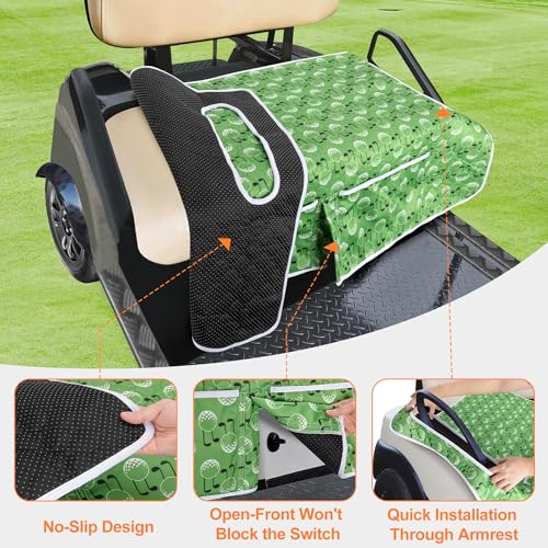 Golf Cart Seat Covers, Universal Golf Cart Seat Towel Blanket with 4 Front Pockets & Nonskid Bottom Fits for EZGO, Yamaha, Club Car and More 2 Person Seats Golf Carts - color: Green Golf Ball