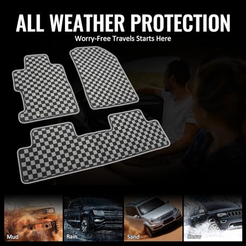 IKON MOTORSPORTS Loop Pile Tufted Car Floor Mats, Compatible with 2006-2011 Honda Civic All Models, Checkered Grey Black Plaid, All Weather Anti-Slip 3PCS Set Car Protector Carpets